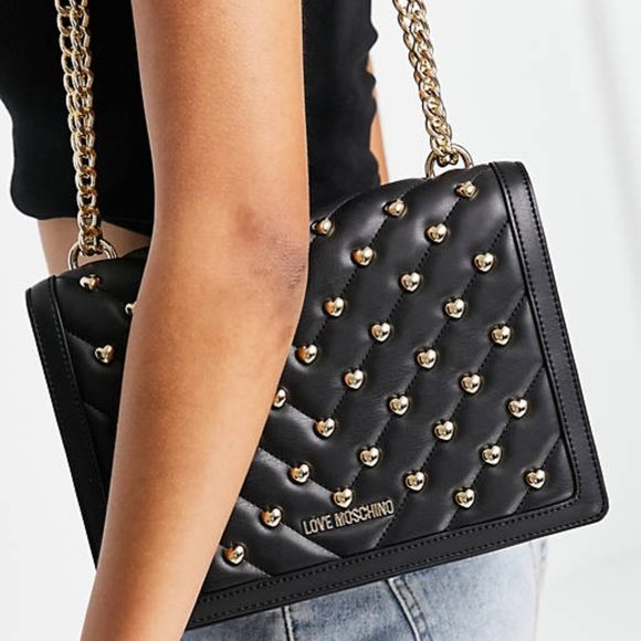 SOLD LOVE MOSCHINO Gold Heart Studded Borsa Matt Nappa Nero Black Shoulder Bag - Picture 2 of 9